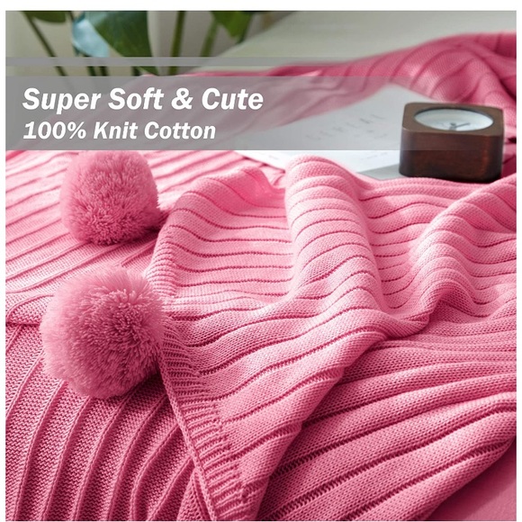 Vibrant Pink Pompom Fringe Chic Cozy Bedroom/Dorm Soft Throw Blanket/Cover - Picture 3 of 12